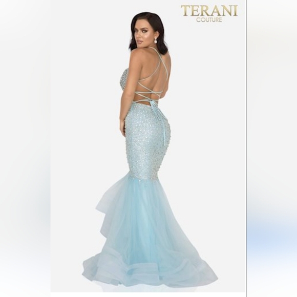 Glamour By Couture Mermaid Blue Strappy Gown with Sequins W-6